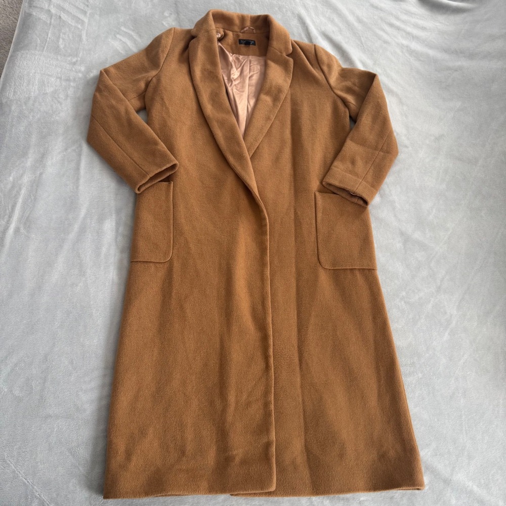 Topshop Women's Camel Brown Longline Open Front Winter Overcoat Jacket Size US 4
